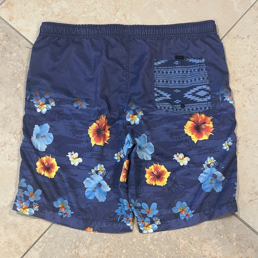 Neff Board Shorts Mens M Blue Floral Hibiscus Swim Trunks Drawstring Skate Surf - Picture 9 of 10